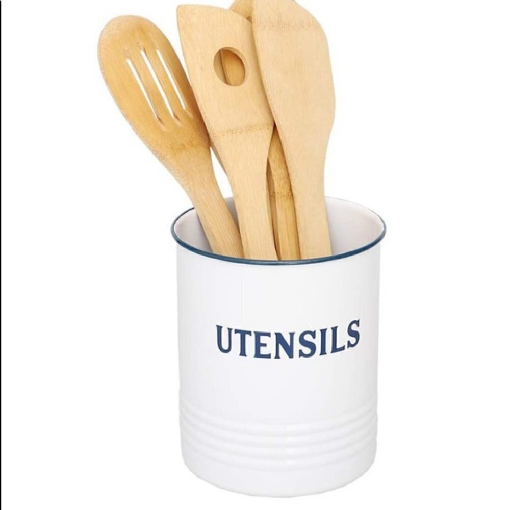 Utensil Holder Vintage Style Metal Freestanding 5 in x 5 in x 6 in White/Blue - Picture 3 of 10